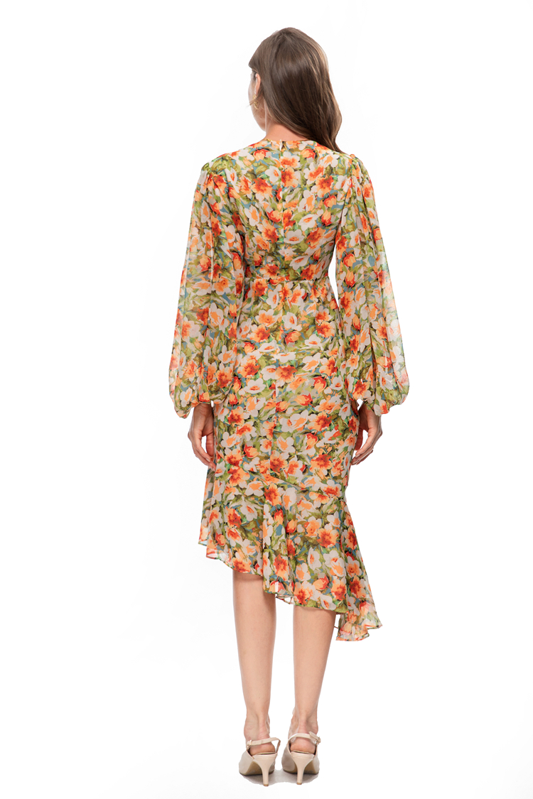 Women's Runway Dresses O Neck Long Lantern Sleeves Floral Printed Ruched Asymmetrical Vestidos