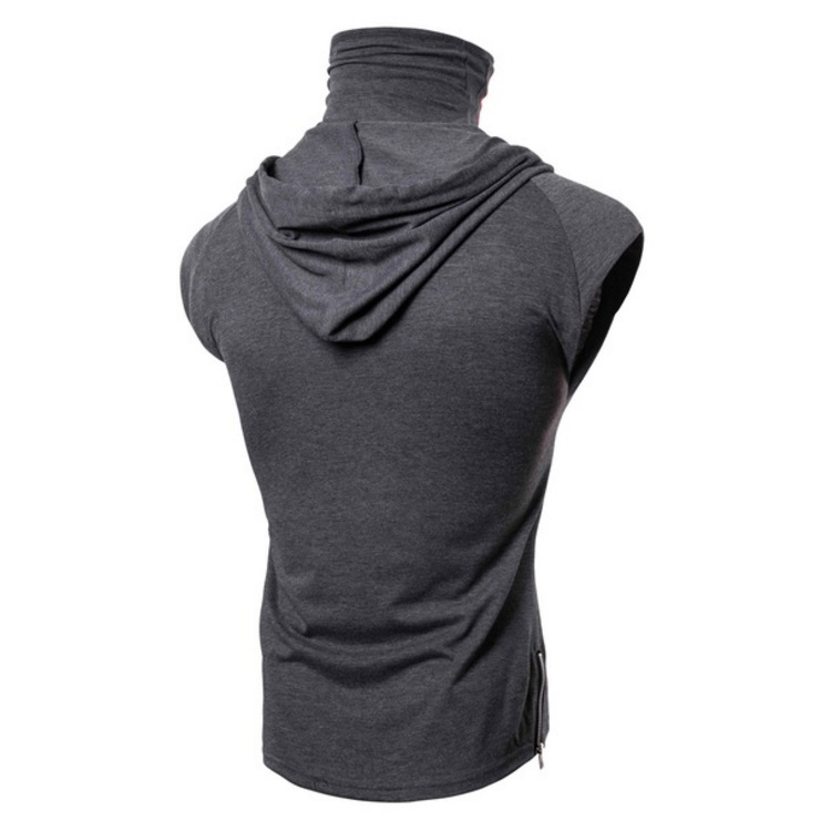 Casual cotton slim breathable turtleneck hooded face men sleeveless t shirt