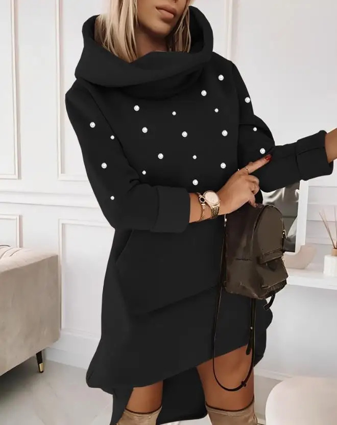 Basic Casual Dresses Elegant for Women Beaded Hooded Sweatshirt Dress 2023 Autumn Winter Spring Fashion Female Clothing 231116