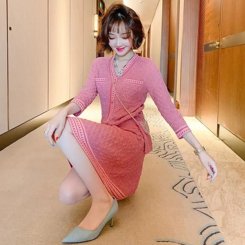 Basic Casual Dresses Spring Autumn Knitted Two Piece Dress for Women Temperament Solid Button Sweater Cardigan Fashion Elegant Clothing S3XL 231116