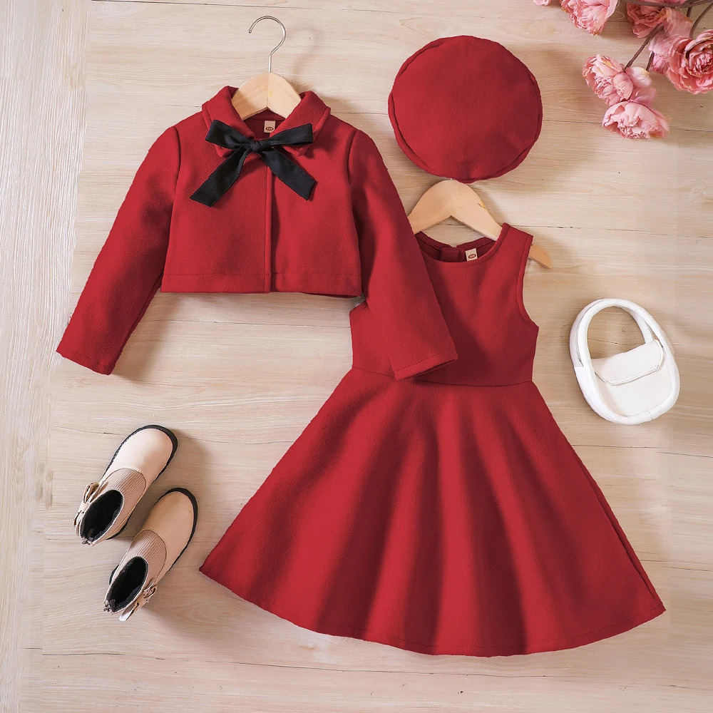 Clothing Sets Girls Autumn Winter Bow Fleece Coat Tank Top Dress Beret Three Piece Set 231115