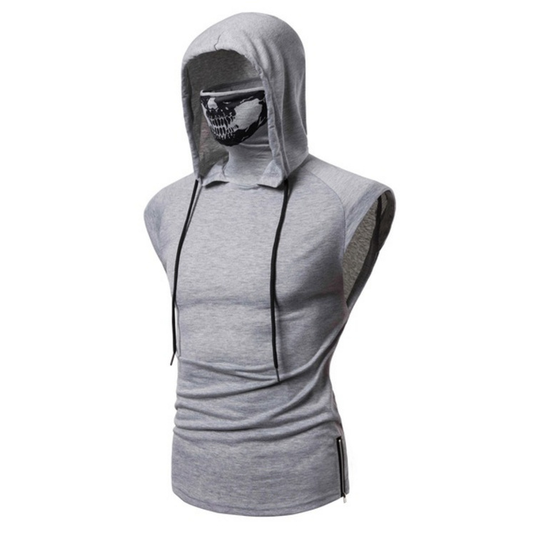 Casual cotton slim breathable turtleneck hooded face men sleeveless t shirt