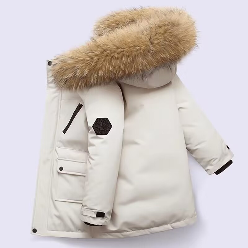 Real Fur White Duck Down Coats 2024 Winter Children Midi Length Down Jacket New Warm Kids Boys Thicken Coat Hooded Baby Snowsuit