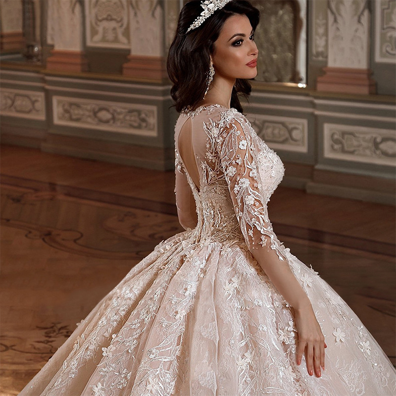 Elegant A-line Women Wedding Dress 2024 Sccop Long Illusion Sleeves 3D Flowers Beads Lace Appliques Tulle Bridal Bride Gown Vestidos De Noiva Robe De 