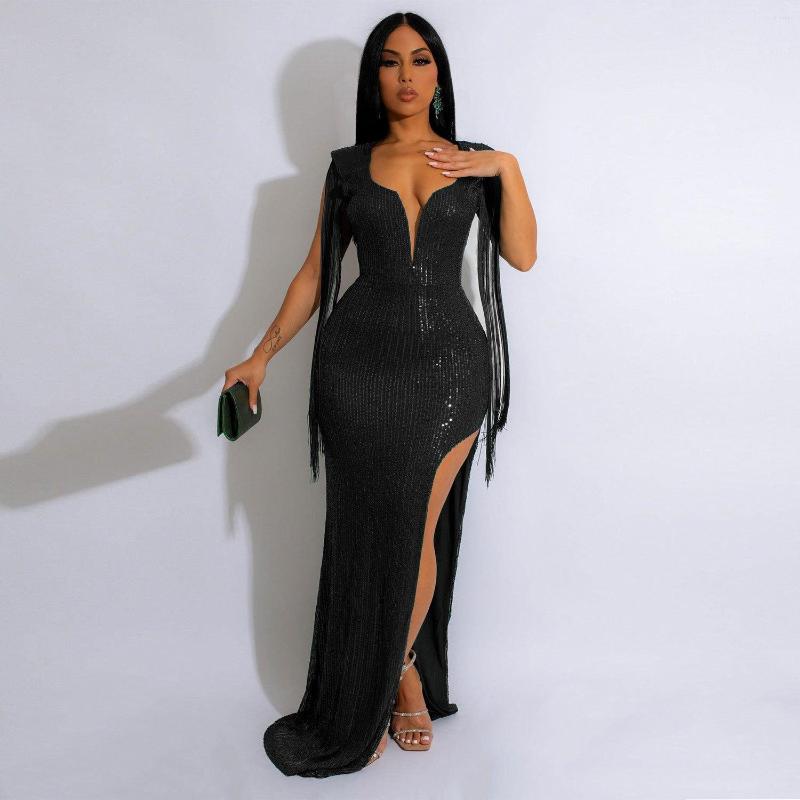 Casual Dresses Sexy Backless Tassel Sequins Dress Nightclub Sleeveless Deep V Pure Color Open Fork Women Floor Length