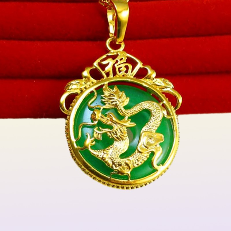 Dragon Pattern Jade Pendant Chain 18k Yellow Gold Filled Women Circle Pendant Necklace Gift With