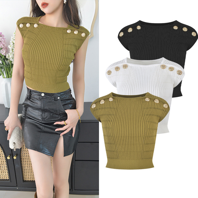Women's T-Shirt Solid color khaki gold buckle knitted suspender vest for women wearing 2023 summer new style slim and sweet cool top 210514