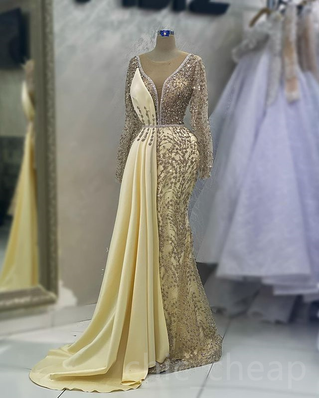 Aso 2023 April Ebi Gold Mermaid Prom Drs Crystals Sequined Lace Evening Formal Party Second Reception Birthday Engagement Gowns Drs Robe De Soiree ZJ5