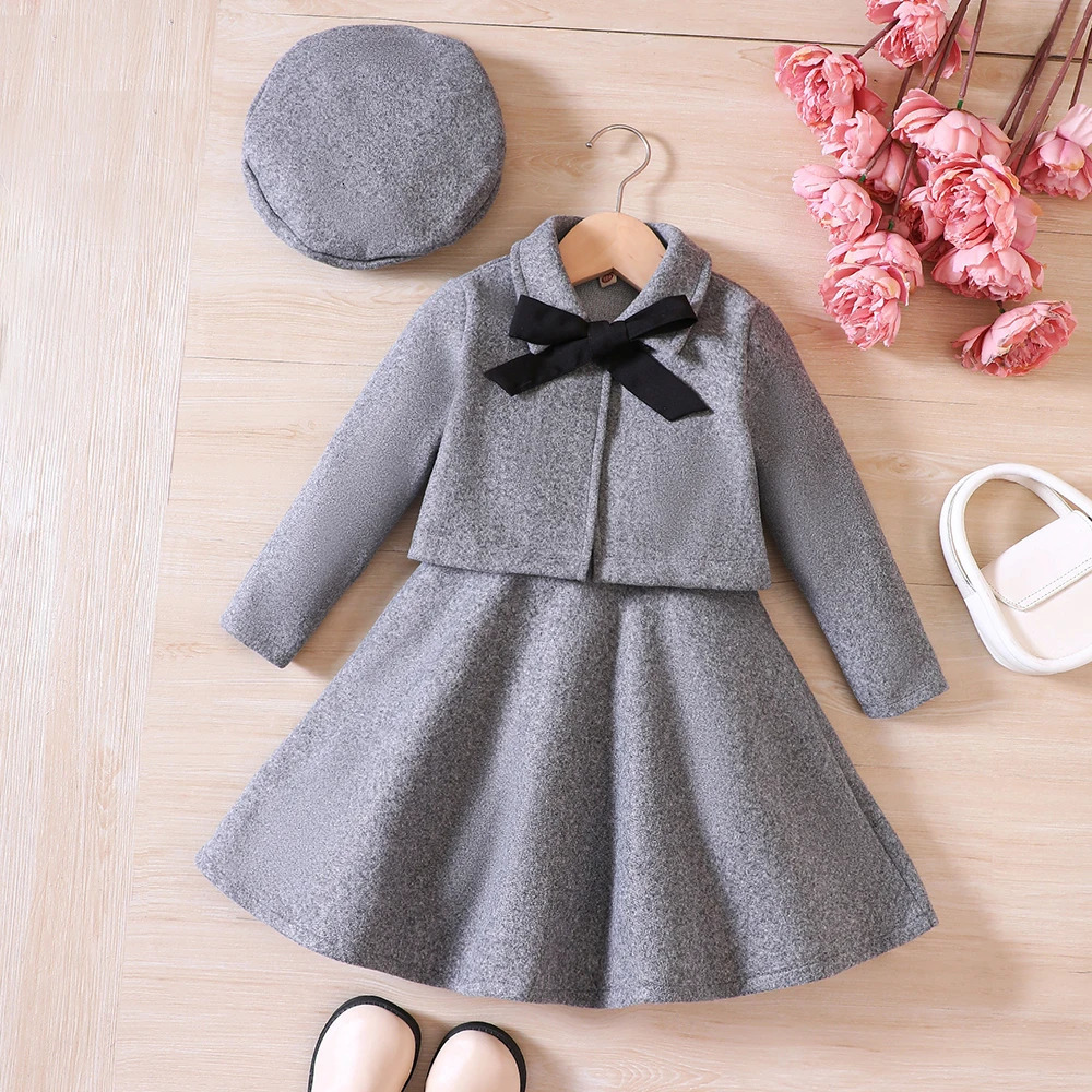 Clothing Sets Girls Autumn Winter Bow Fleece Coat Tank Top Dress Beret Three Piece Set 231115