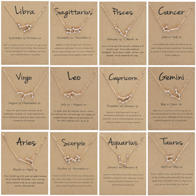 12 Constellation Horoscope Astrology Zodiac Necklace for Women Crystal Pendent Necklaces Cubic Zirconia Stones Necklace Nice Jewelry Gift with Wish Ca