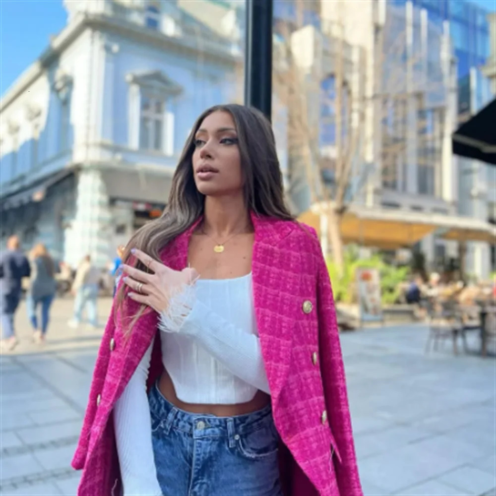 Women's Suits Blazers elegant texture double breasted tweed suit long sleeved pocket jacket fashionable street top 231116