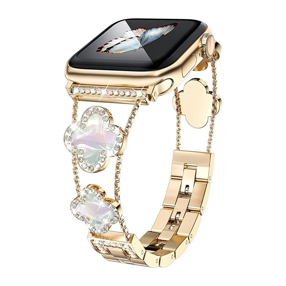 Small Fragrant Four-leaf Fritillary with Diamond Strap Band Link Bracelet Straps Metal Bands Watchband for Apple Watch Series 3 4 5 6 7 8 iWatch 40mm 44mm 41mm 45mm