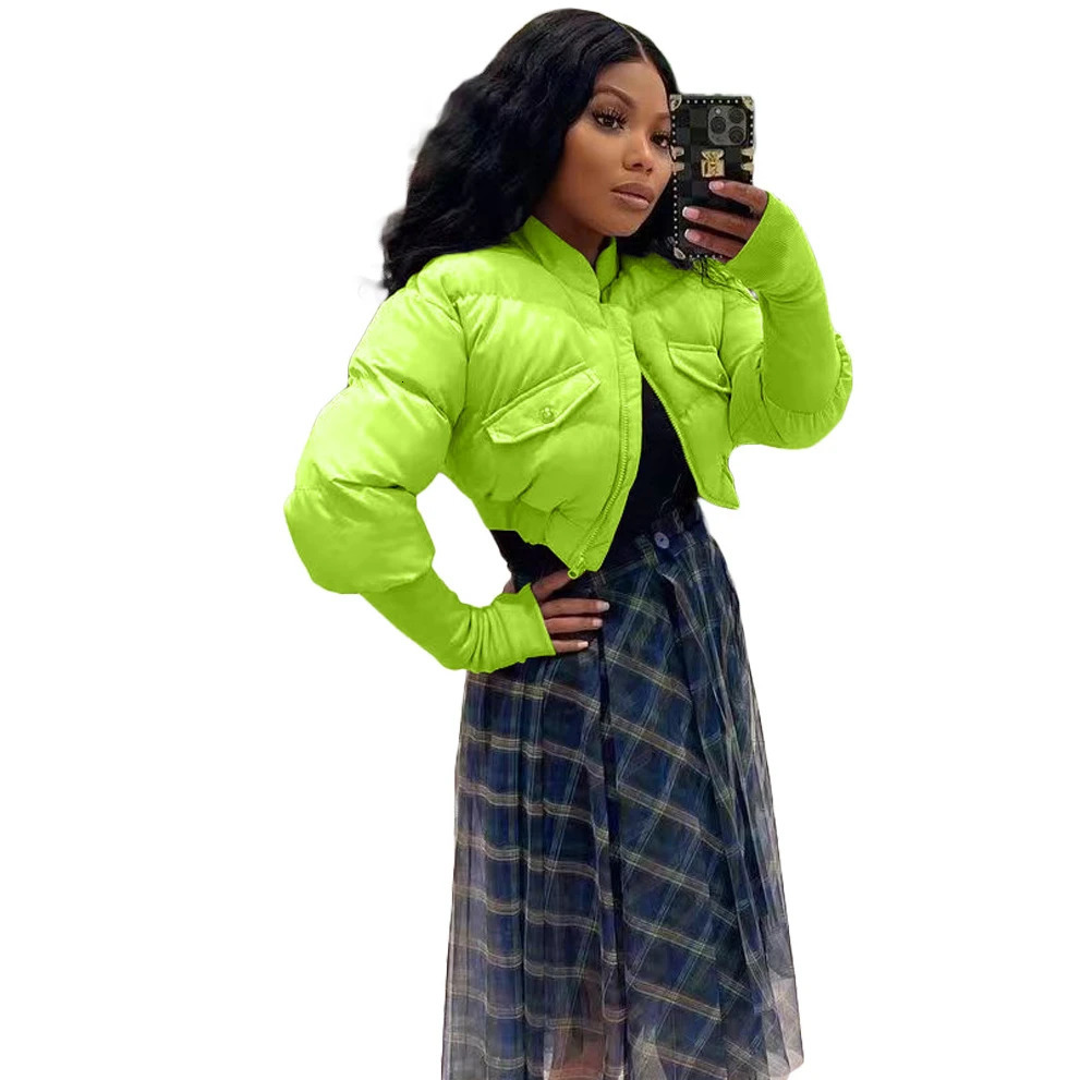 Women s Down Parkas Orange Crop Puffer Jacket Women Gray Zipper V Neck Long Sleeve Ladies Warm Short Coats Outwear Coat Thin Light 231116