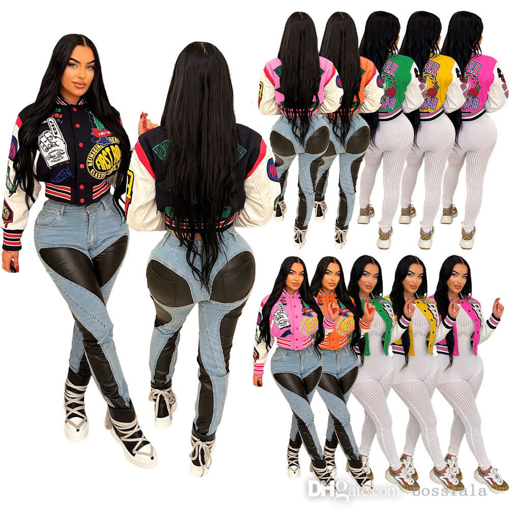 Women Letter Printed Double Threaded Baseball Jacket Girls Varsity Coat Desinger Cropped Patchwork Button Letterman Jackets