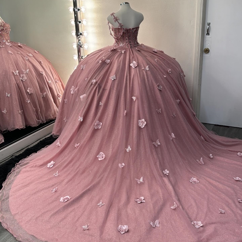Mexico Pink Off The Shoulder Ball Gown Quinceanera Dress For Girl Beaded 3Dwers Bow Birthday Party Gowns Prom Dresses Sweet 16