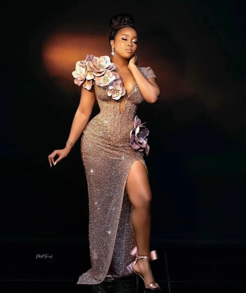 Sparkly Pink Beaded Sequins African Prom Party Dresses with Handmade Flower High Slit Corset Evening Occasion Gowns For Black Women