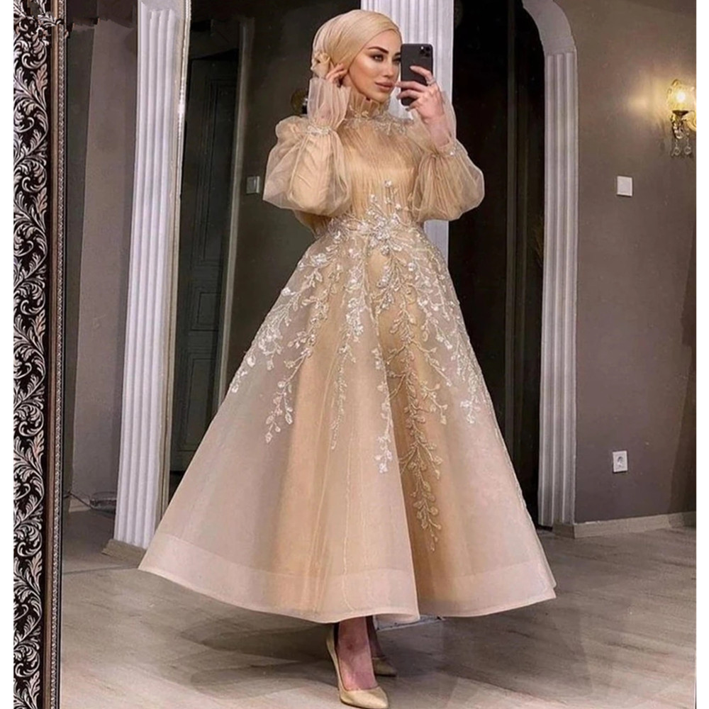 Elegant Muslim Champagne High Neck Prom Evening Gown For Black Girls Full Sleeves Moroccan Caftan Appliques Ankle Length Formal Party Ball Gowns