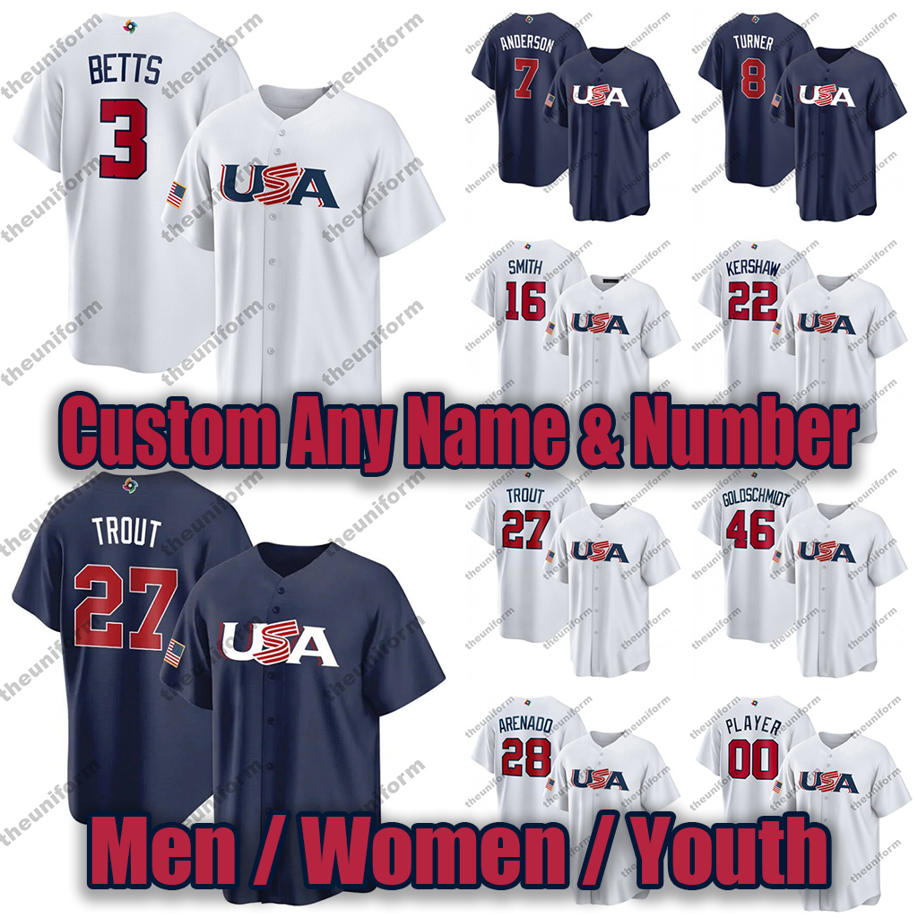2023 World Baseball Classic Custom Jersey 27 Mike Trout 3 Betts 8 Trea Turner 20 Alonso 7 Tim Anderson 28 Nolan Arenado Custom Mens Womens Youth Jerseys Size S-5XL