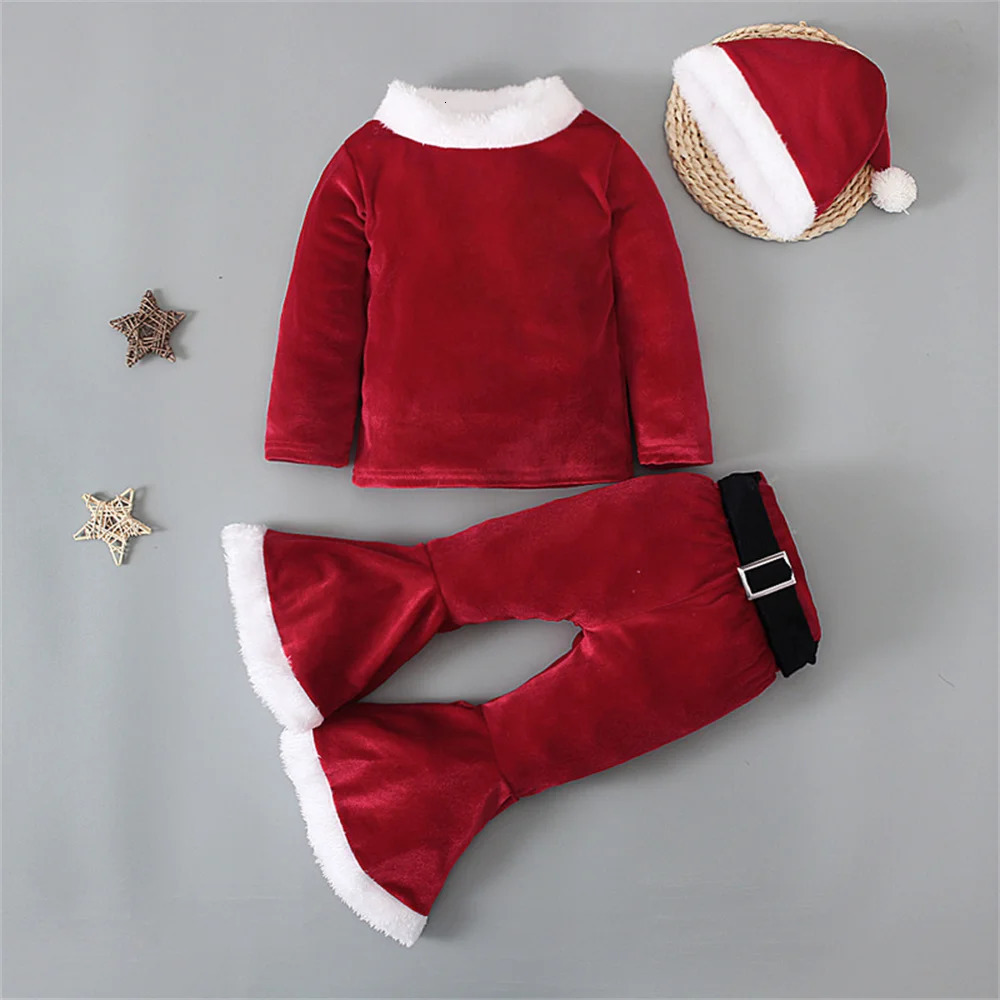 Rompers Kids Girls Christmas Costume Santa Claus Toddler Baby Clothes Sets Long Sleeve Top Bell Bottom Pants 3PCS Year Outfits 231116