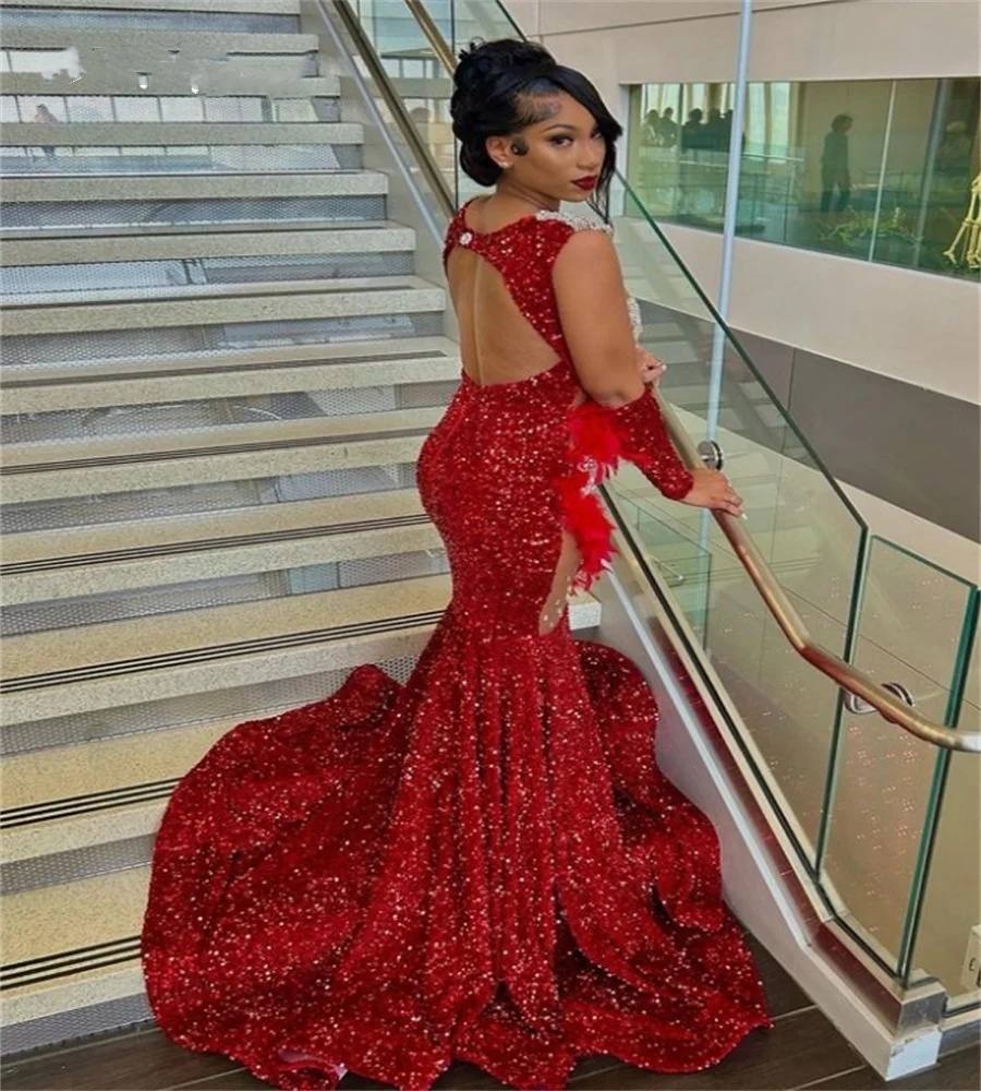 Sequin Sparkly Red Prom Dress for Black Girls 2024 Feather Mermaid Plus Size African Evening Gowns Sexy Open Back Beaded Party 322