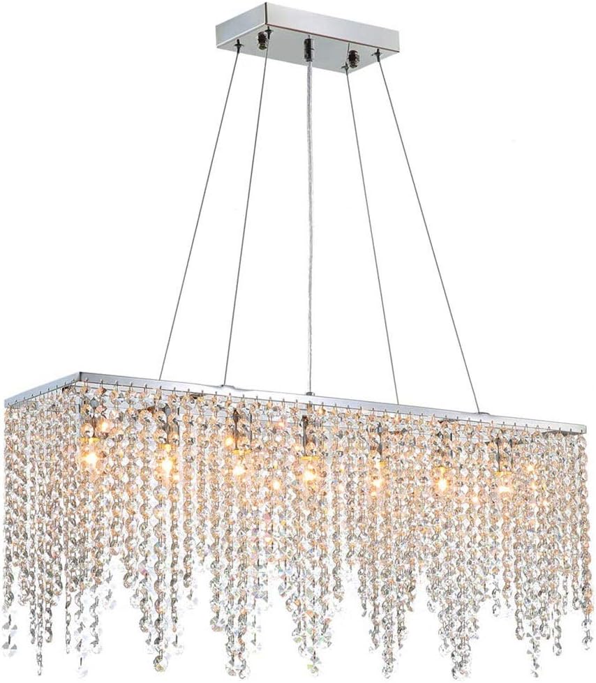 Modern Linear Rectangular Crystal Chandelier Lighting Island Restaurant Pendant Light for Dining Room Kitchen