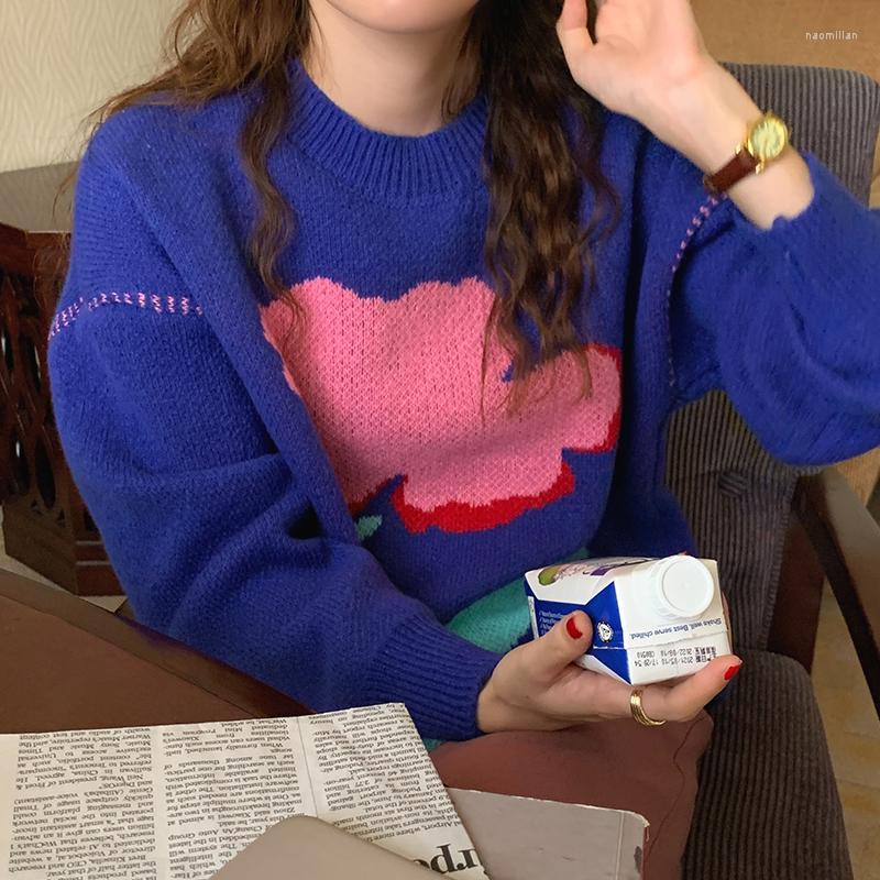 Womens Sweaters Women Sweater 2023 Korean Fashion Wild Flower Print Design O Neck Pullover Loose Thick Long-sleeved Knit Pullovers