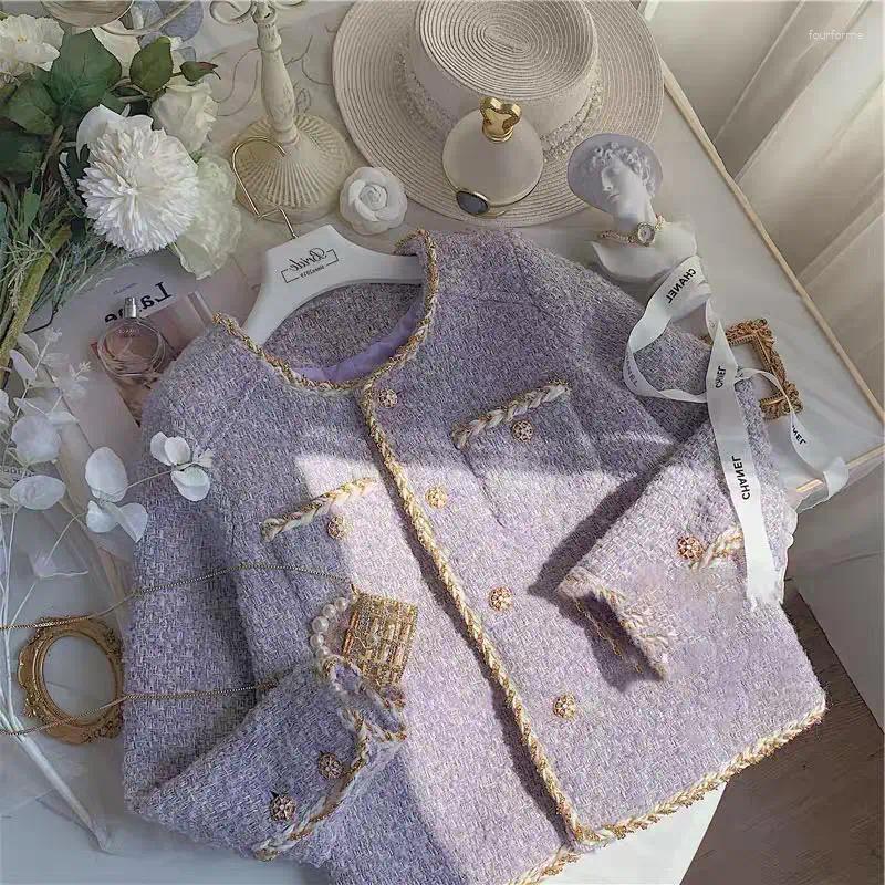 Women's Jackets Autumn Spring Vintage Tweed Jacket Coat Women Small Fragrant Purple Korean Woollen Cropped Coats Elegant Short Outerwear