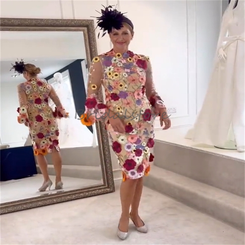 Mother Of The Bride Plus Size O Neck Long Sleeve Knee Length Wedding Guest Dress 2024 Holiday Dinner Groom Mother Evening Dress Elegant Promdress Colo