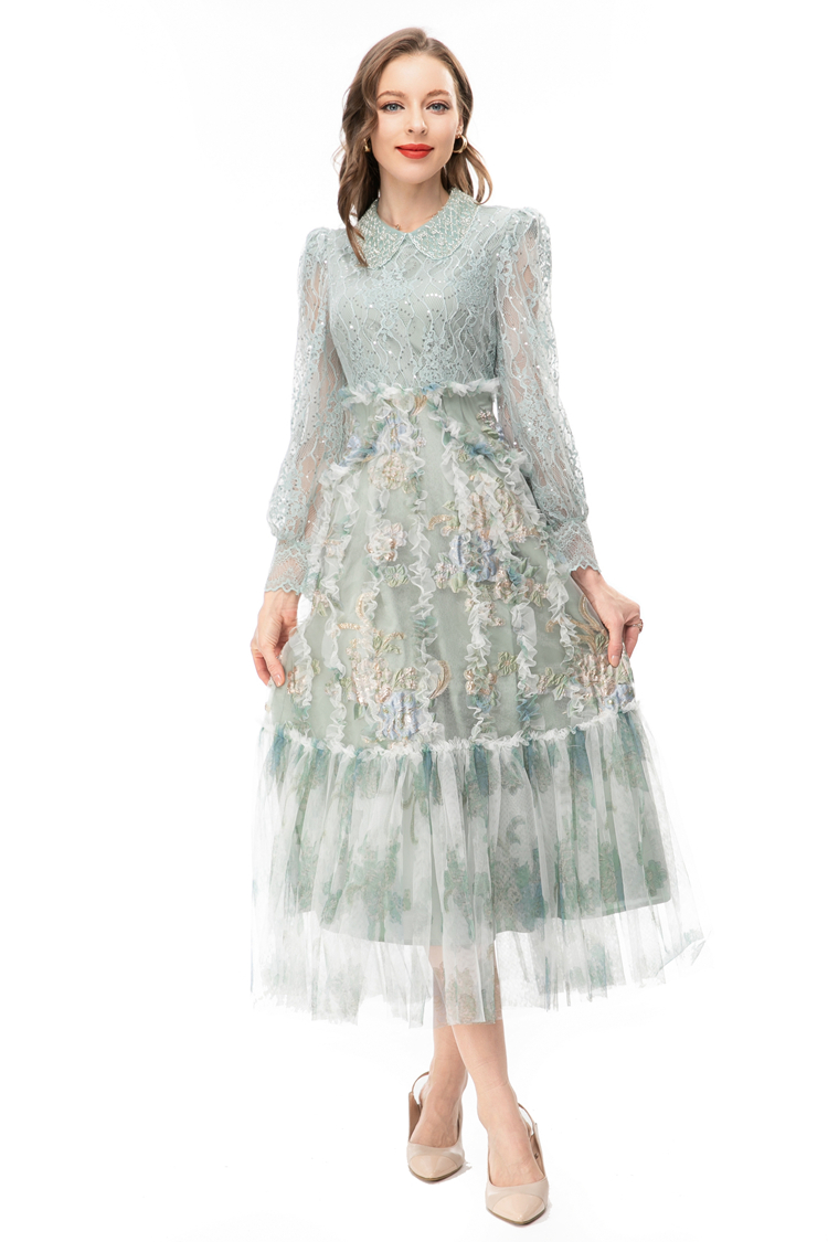 Women's Runway Dresses Peter Pan Collar Long Sleeves Lace Ruffles Elegant Fashion Vestidos