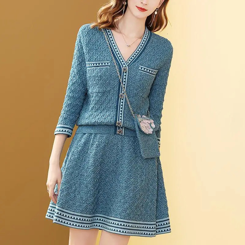 Basic Casual Dresses Spring Autumn Knitted Two Piece Dress for Women Temperament Solid Button Sweater Cardigan Fashion Elegant Clothing S3XL 231116