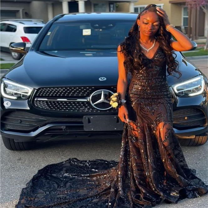 Luxury Black Sequin Prom Dress 2023 For Black Girls V Neck Sparkle Mermaid Long Evening Gowns Elegant Graduation Birthday Dress Robes De Bal Vestidos 