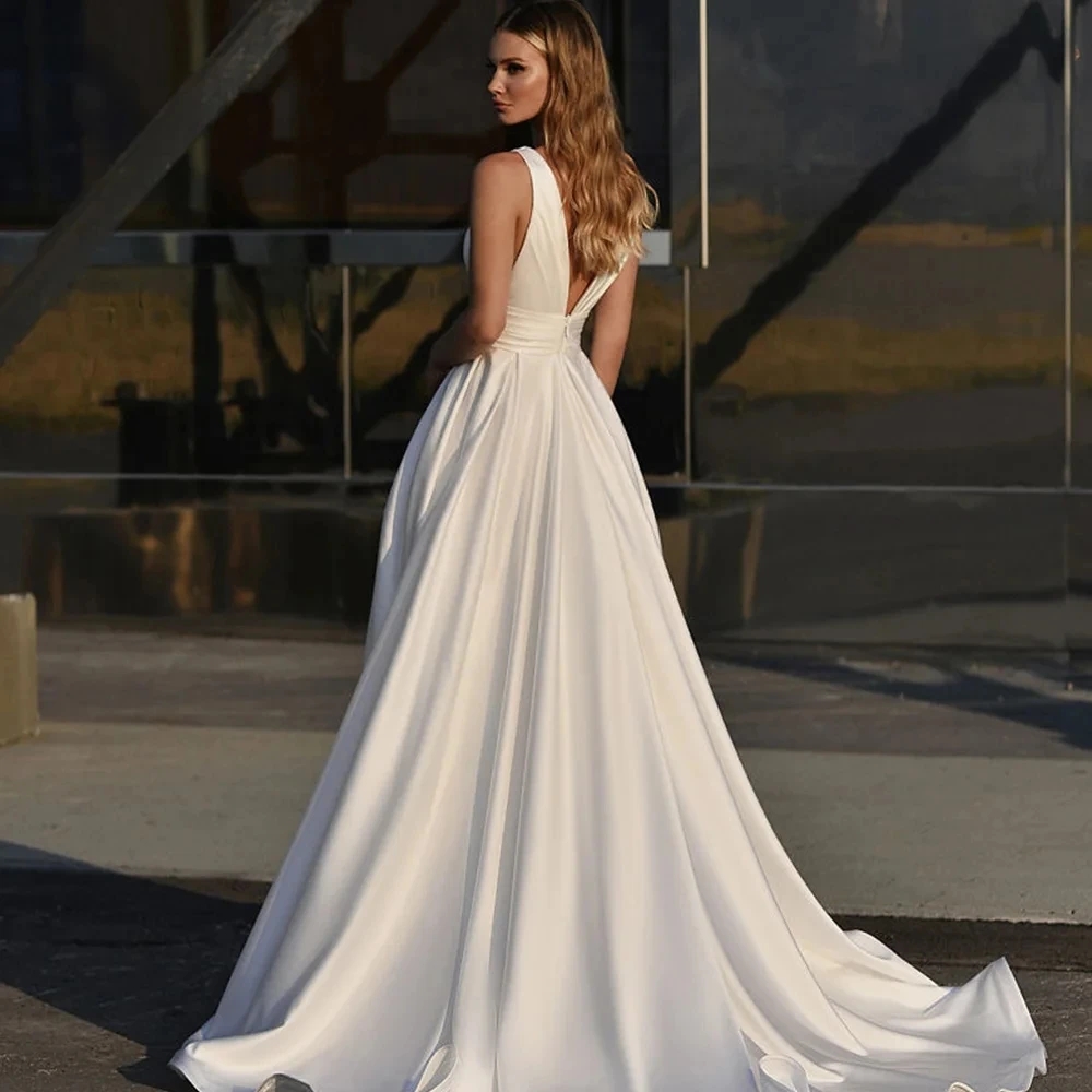 2024 Simple A-Line Wedding Dress Satin Side Slit Floor Length Bride Gowns Custom Made To Measure For women Robe De Mariee
