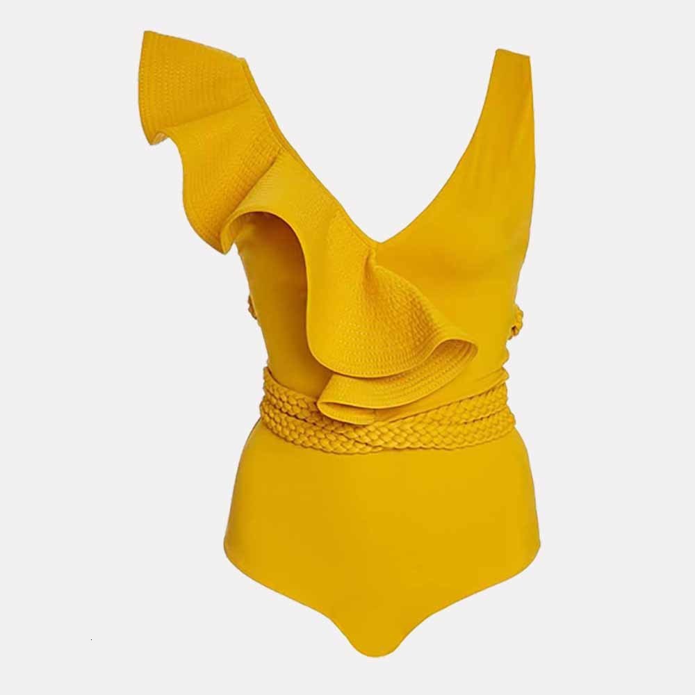 Women's Swimwear Swimwear Women Sexy Swimsuits Deep-v Beach Wear Shoulder Solid Ruffled Plus Size Bathing Suit Summer Micro Bikini 230417