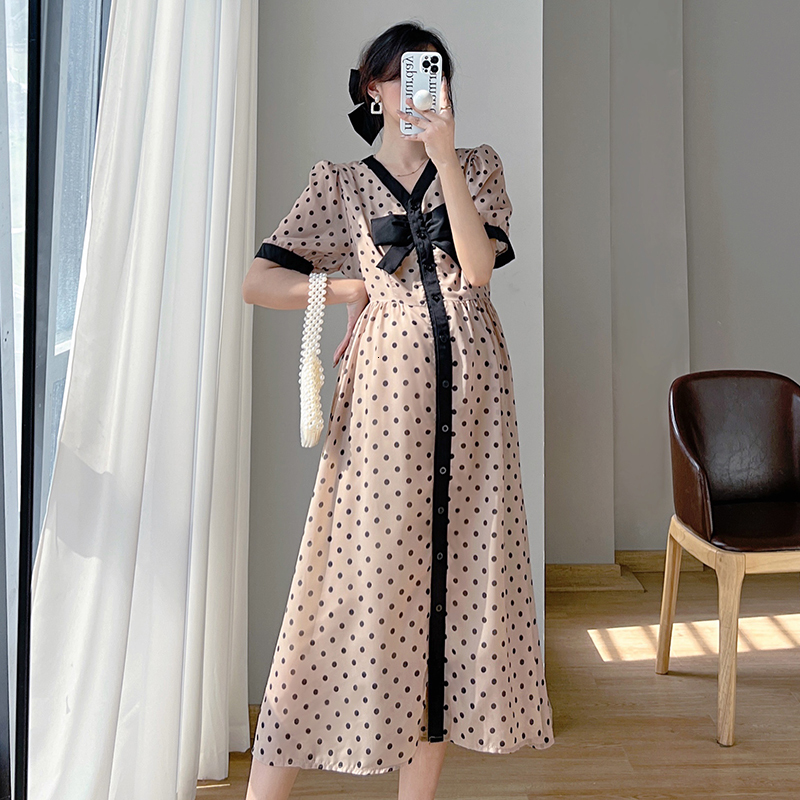 Maternity Dresses 8927# Summer Korean Fashion Dot Printed Maternity Long Dress Elegant Chic Ins A line Slim Clothes for Pregnant Women Pregnancy 23041