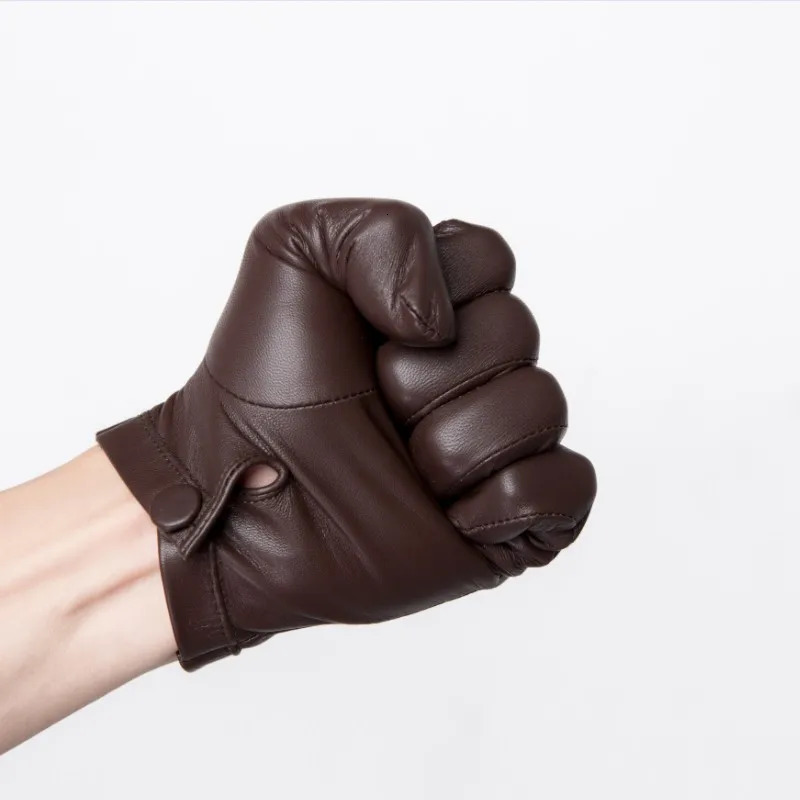 Five Fingers Gloves Men's Unlined Leather Gloves Wrist Button One Whole Piece of Sheep Leather Touch Screen Winter Warm Driving Gloves Black Brow