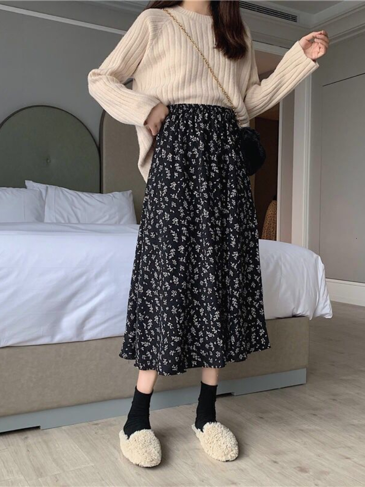 Skirts HOUZHOU Vintage Floral Skirt Women High Waist A-line Mid-Calf Casual Skirt Korean Fashion Loose Spring Summer Female Outfit 230417