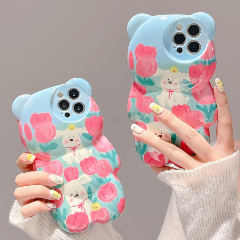 3D Cute Cartoon Bear Cases Pink Ice Cream Melting Graffiti Flowers Butterfly For iPhone 14 13 Pro Max 13 12 11 Pro X XR XS Max Silicone Protective Sho