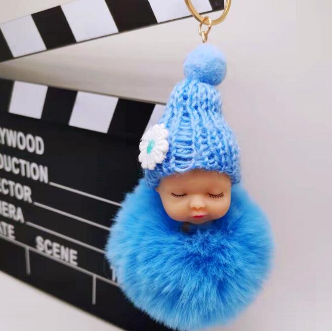 Cute Sleeping Baby Doll Keychain Pompom Helmet Rabbit Fur Ball Carabiner Key Chain Keyring Key Holder Bag Pendant key Ring Gift