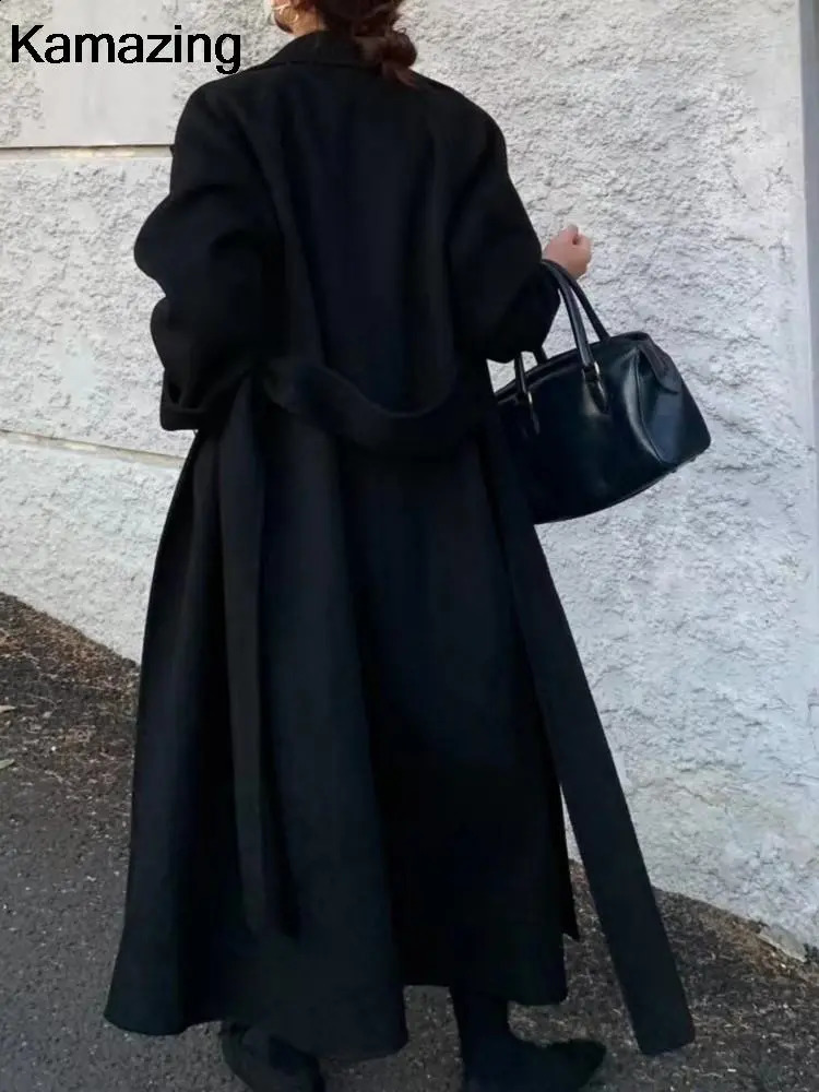 Women's Wool Blends Women Elegant Long Woolen Coat with Belt Autumn Winter Fashion Solid Long Sleeve Chic Outerwear Ladies Casual Overcoat 231116