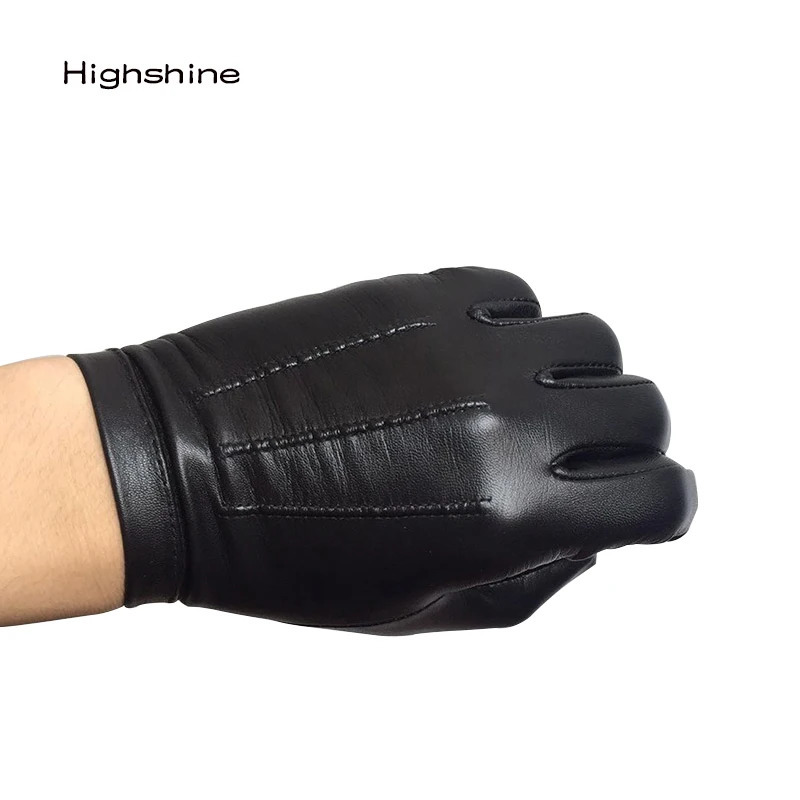 Five Fingers Gloves Men's Unlined Leather Gloves Wrist Button One Whole Piece of Sheep Leather Touch Screen Winter Warm Driving Gloves Black Brow