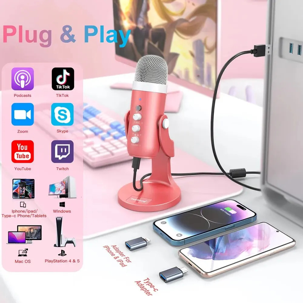 Microphones USB Condenser Microphone Pink Studio Recording Mic for PC Mac Computer Phone Gaming Streaming Podcasting Vocals Laptop Desktop 231117
