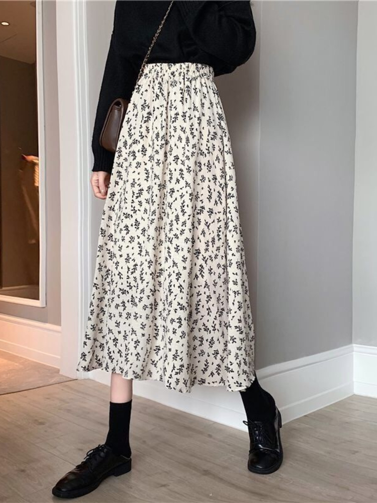 Skirts HOUZHOU Vintage Floral Skirt Women High Waist A-line Mid-Calf Casual Skirt Korean Fashion Loose Spring Summer Female Outfit 230417