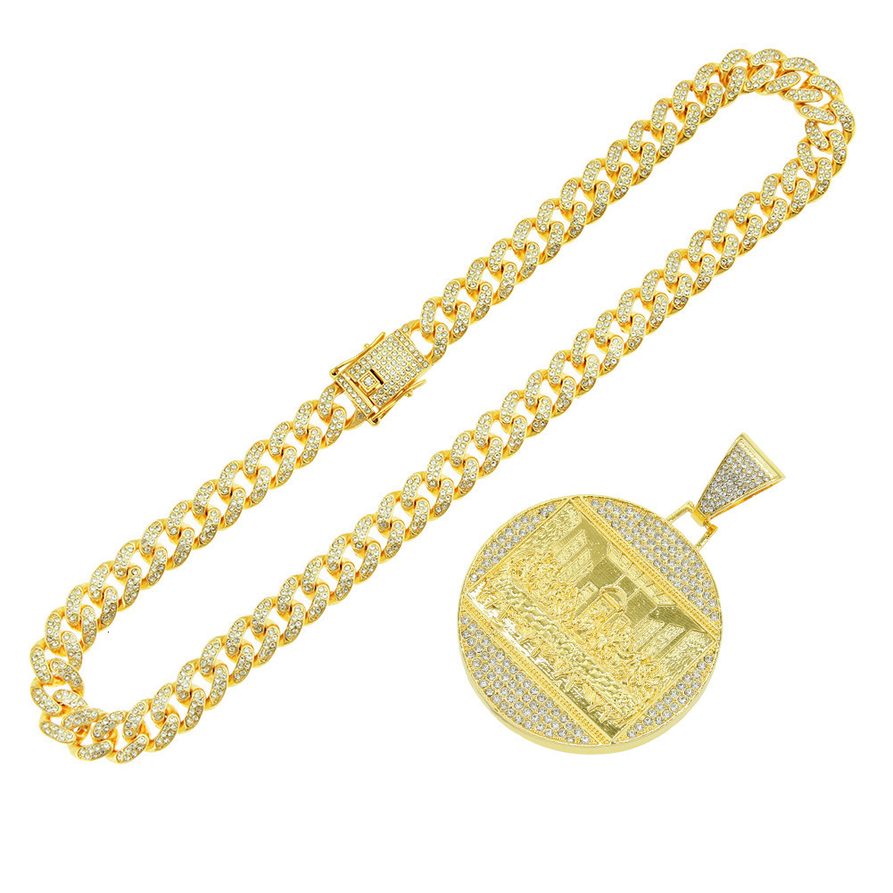 Pendant Necklaces Hip hop exaggerated diamond embellished large round label pendant necklace trendy men punk domineering cool Cuba chain accessory 210