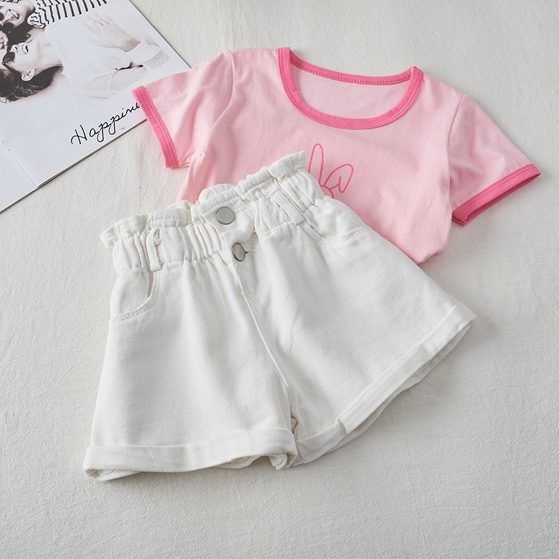 Shorts Summer Denim Shorts for Girls High Waist Elastic Toddler Girls Teenage Children's Jeans Hem Fashion Blue White Kids Pant 230417