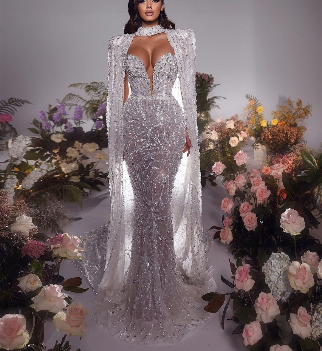Dresses Prom Mermaid Sleeveless V Neck Capes Halter Appliques Sequins Beaded Or Length Lace Dias Evening Dress Bridal Gowns Plus Size Custom Made