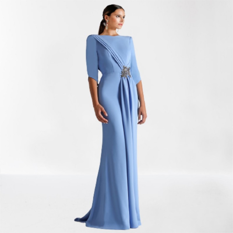 Light Sky Blue Evening Formal Dresses Half Sleeve Elegant Backless Bateau Mermaid Women's Formal Prom Gowns 2023 Vestidos Longo Robe De Soiree