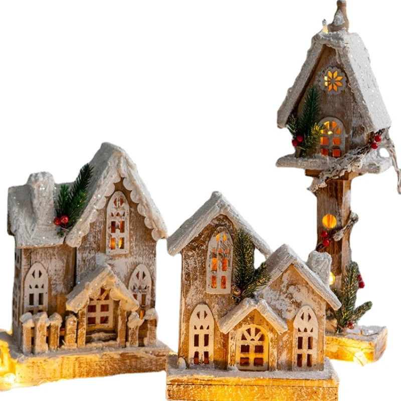 Decorations Wooden House LED Glowing Log Cabin Ornaments Miniature Snow Scene Village Houses Christmas gifts