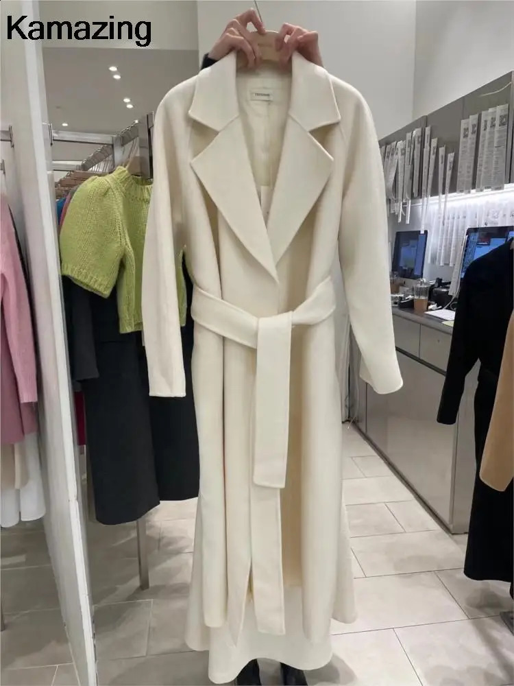 Women's Wool Blends Women Elegant Long Woolen Coat with Belt Autumn Winter Fashion Solid Long Sleeve Chic Outerwear Ladies Casual Overcoat 231116