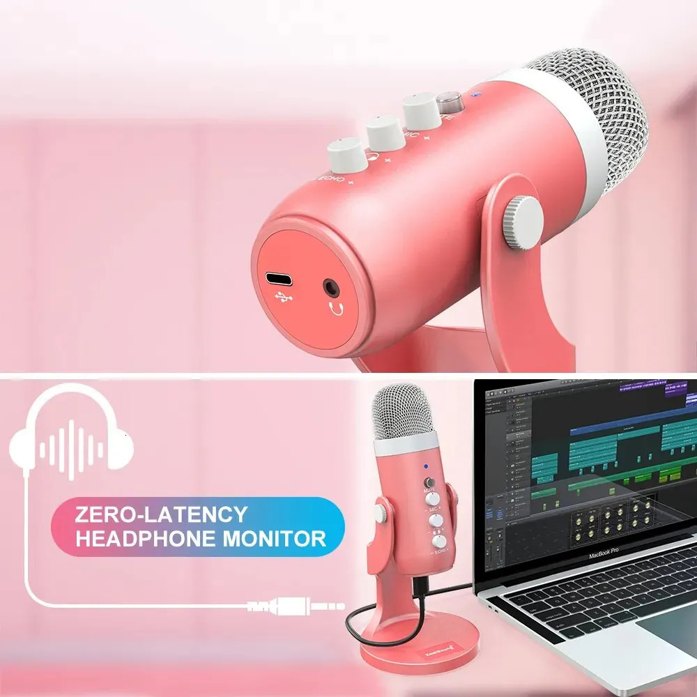 Microphones USB Condenser Microphone Pink Studio Recording Mic for PC Mac Computer Phone Gaming Streaming Podcasting Vocals Laptop Desktop 231117