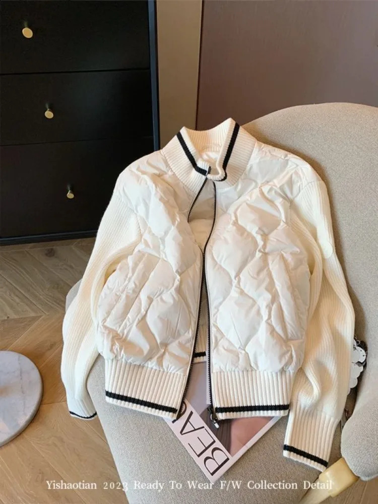Women's Down Parkas Stand Collar Knitted Mosaic Rhombic Cottonpadded Jacket Women Autumn Winter 2023 Fashion Loose Coats Allmatch Female 231116